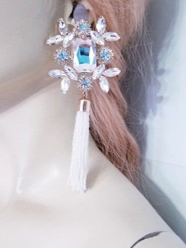 CLIP ON Earrings Rhinestone Crystal Oversized Clear Tassel Drop Chandelier 5.8in - Picture 12 of 18