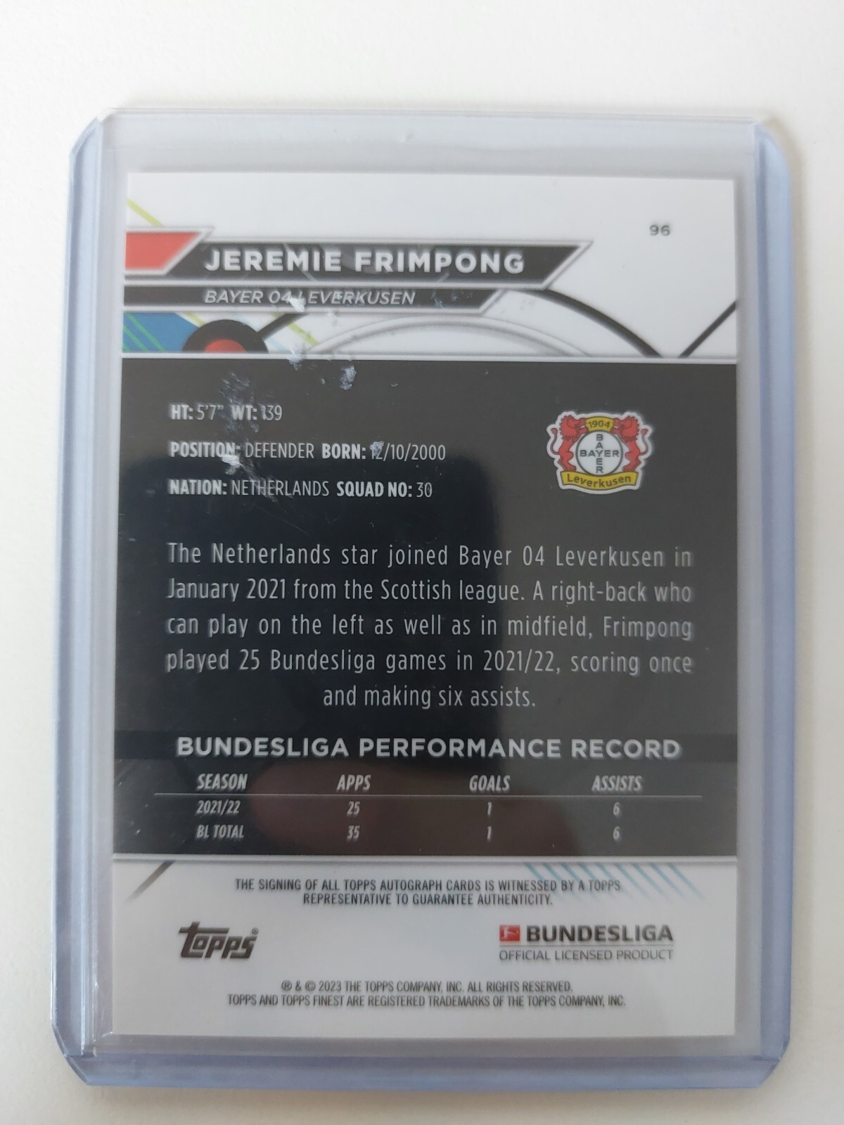 Topps Finest Bundesliga Jeremie Frimpong Auto Autograph Bayer Leverkusen - Bild 2 von 2