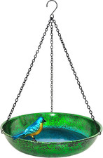 Hanging Bird Bath for Outside, 11  Metallic Green  Blue Metal Birdbath Bowl  F