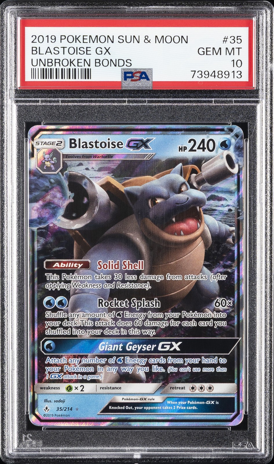 2019 POKEMON SUN & MOON UNBROKEN BONDS #35 BLASTOISE GX PSA 10