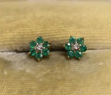Natural Green Emerald 2Ct Round Cut Flower Stud Earrings 14K Yellow Gold Plated