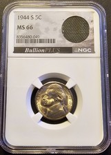 1944 S Jefferson Nickel NGC MS66/U.S. WWII Era M6 Bazooka Rocket Bag Fragment