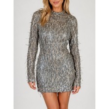 Fashion Nova Silver Sequin Fringe Bodycon Mini Dress Size S Long Sleeve