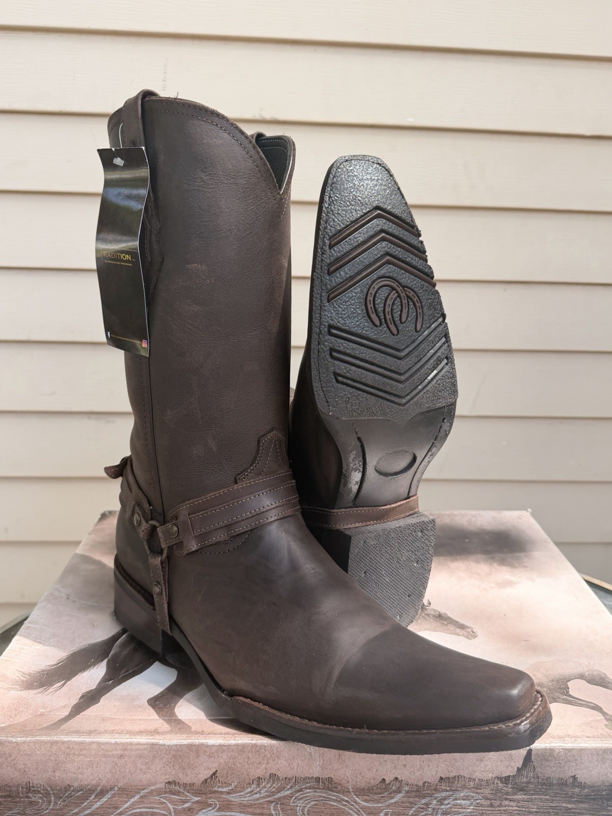 Cuevas Tradition Brown Leather Western Versace Toe Boots Belt Classic Style 9.5