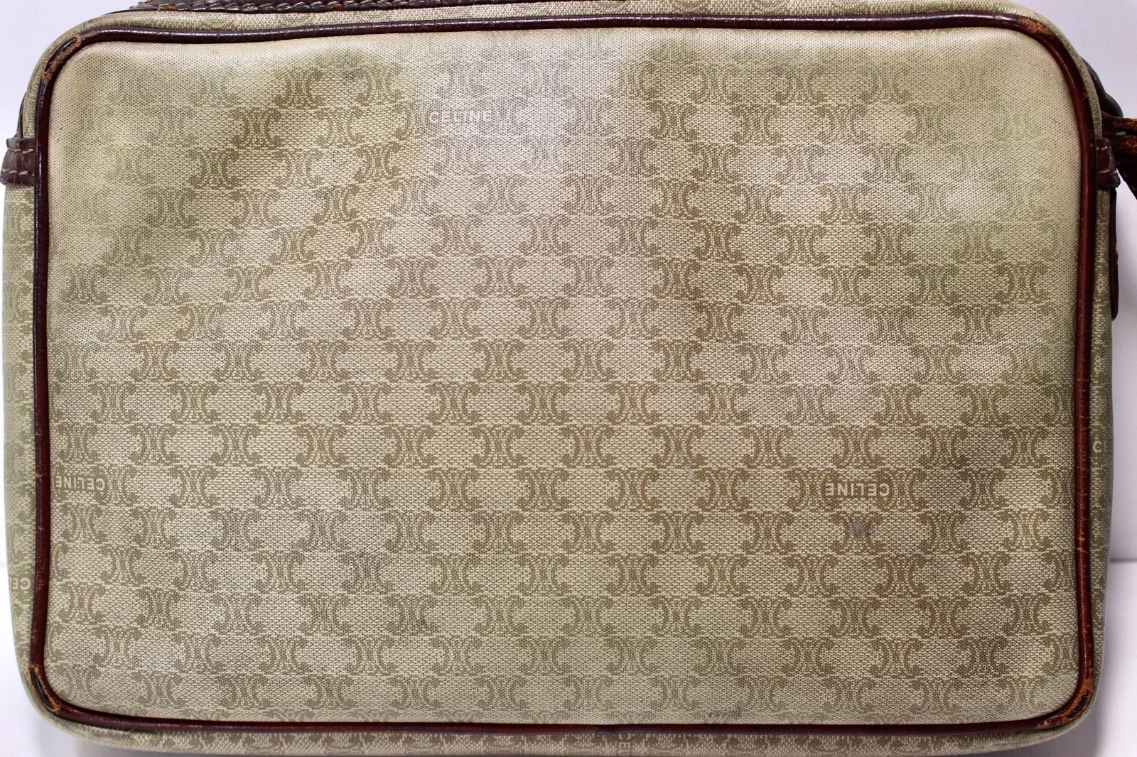 Borsa pochette vintage CELINE Macadam PVC marrone chiaro cinturino da polso