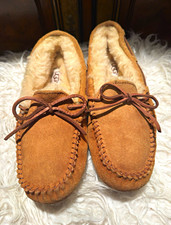 UGG Ansley Slip-On Moccasin Slippers Suede Shearling Lined Bow Brown US 7