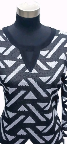 Ming Wang Knit Dress S Evening Black Silver Metallic Beaded Keyhole Sheath 6 NEW - Picture 3 of 6