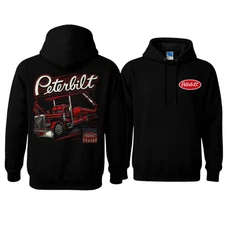 Peterbilt Red Trucker Hoodie, Classic Semi-Tanker Graphic with American Flag Det