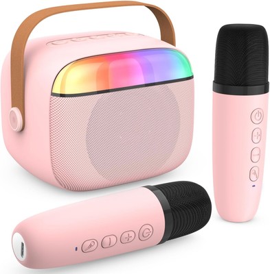 Kinder Karaoke Maschine, Tragbarer Bluetooth Lautsprecher mit 2 kabellosen Mikrofonen 