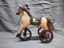 Vintage Folk Art 8" Wooden  Metal Hand Carved  Painted Horse Tricycle