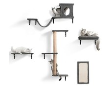 PawGiant 5 in 1 Cat Shelves, Wooden Cat Climbing Wall Furniture Set,  Grey