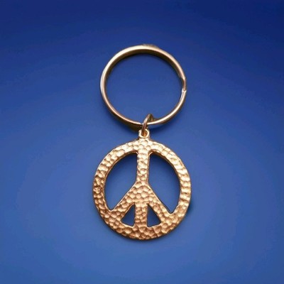 Vintage PEACE SIGN GoldTone Metal Keychain NEW Old Stock Key Ring NWOT 