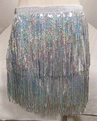Silver Fringed Sequin Dance Skirt Y2K Rave Womans Size 12 Roller rink Wedding