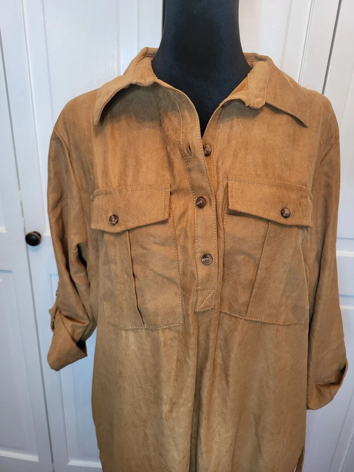 NUEVO CON ETIQUETAS Vestido Camisa de Gamuza Sintética Tostado XL Bolsillos Manga Pestaña Otoño Otoño Iglesia Foto 4 de 4