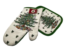 Spode Christmas Tree Pot Holder and Oven Mitt Two Piece Kitchen Set Terry Lined