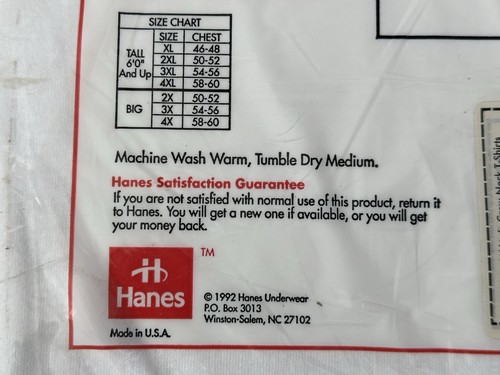 Hanes Crew Neck White T-Shirts 3 Pack Vintage Size 2XL 50-52 Made In USA 1992 - Picture 5 of 5