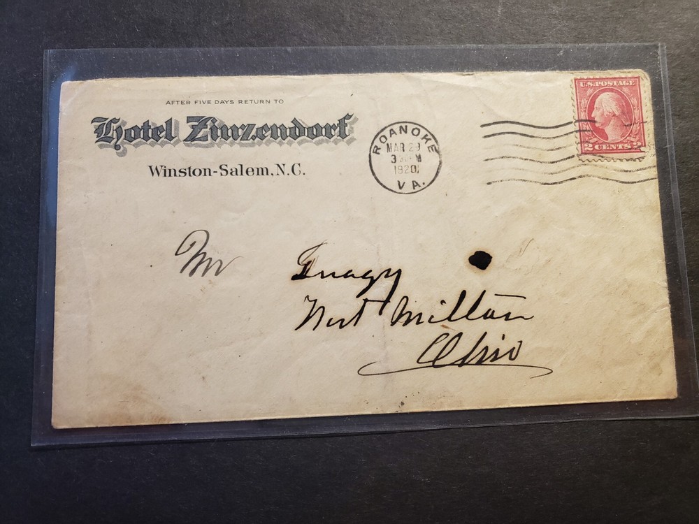 1920 Winston-Salem NC to Milton OH Hotel Zinzendorf postal cover