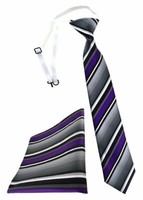 Tigertie Kinderkrawatte + Einstecktuch In Lila Silber Grau Weiss Gestreift