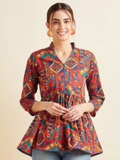 Multi-Color Ethnic Motifs Printed Pure Cotton A-line Party Wear Kurti for Womens