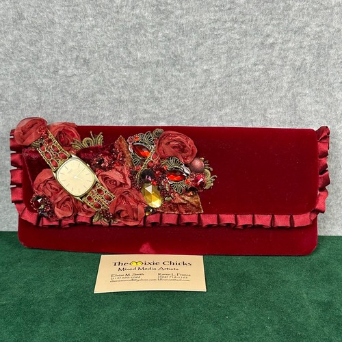 Mixed Media rote Samt Clutch Handtasche OOAK verziert Uhr Strass Abend - Bild 5 von 11