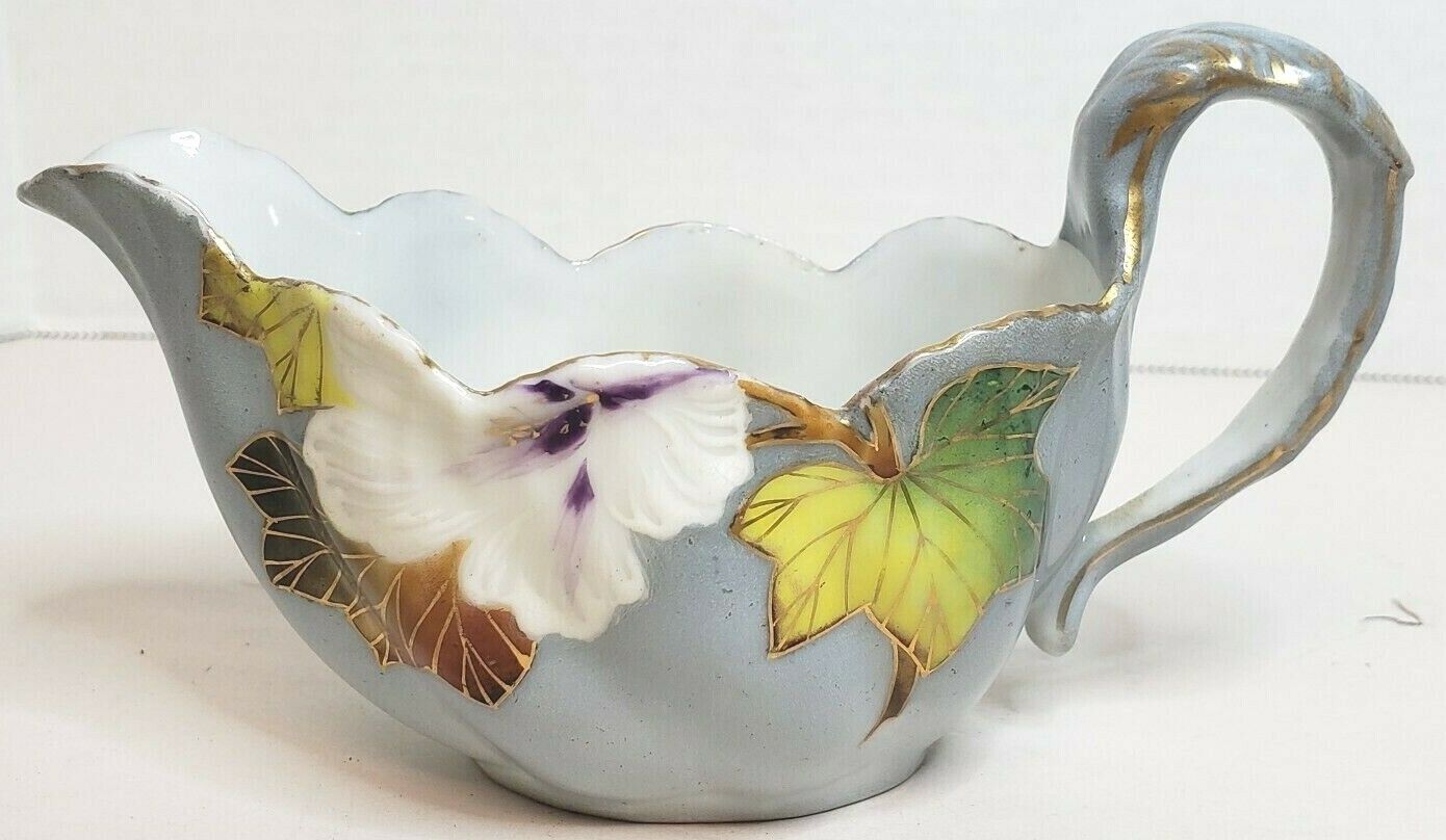 Vintage Japanese ChinesGold Trimmed Enameled Creamer Flowers and Leaves Signed