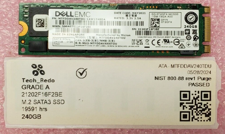 4x Dell EMC MTFDDAV240TDU 240GB M.2 SATA Solid State Drive P/N: 0T2GFX SSDs - Image 3 of 4