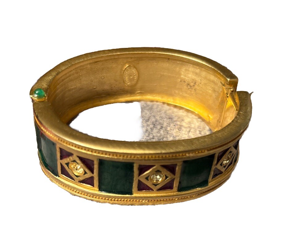 Vintage Roxanne Assoulin Gold Plated Green Purple Enamel Crystal Bangle Bracelet image 2