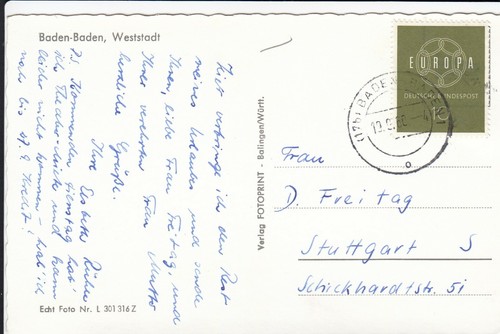 BRD - Mi 320 - EF - Postkarte - Stempel 19.960 Baden Baden - nach Stuttgart - Bild 1 von 2