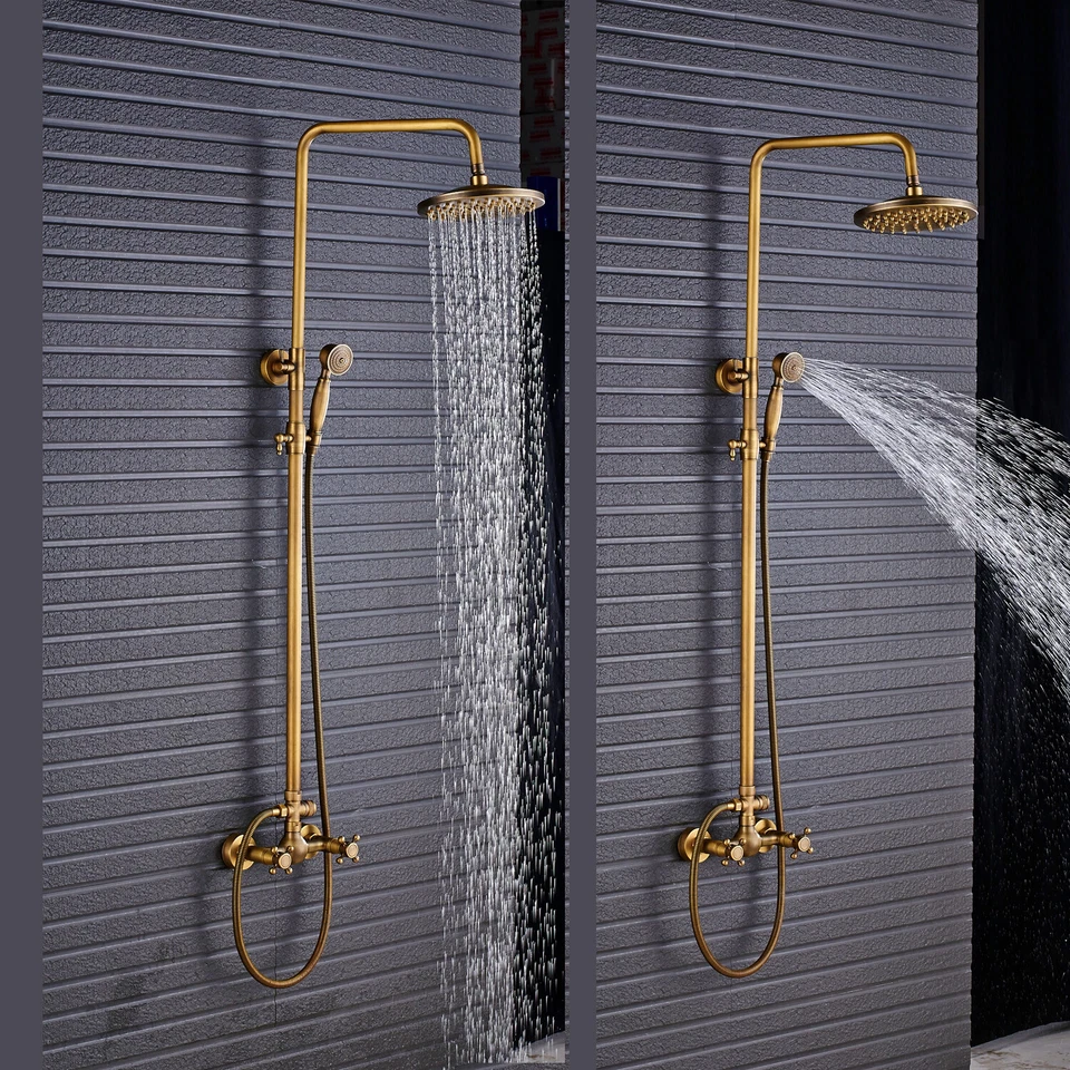 Antique Brass Shower Fixture Set 8" Rain 2 Knobs Shower Faucet Combo System - Image 2 of 4