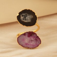 Geode Druzy Double Stone Ring Yellow Gold Electroplate Statement Adjustable Ring