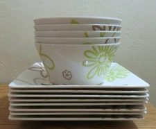 Set of Melamine Dishes 8 Square Plates 5 Bowls Tan Brown Green Floral Camping