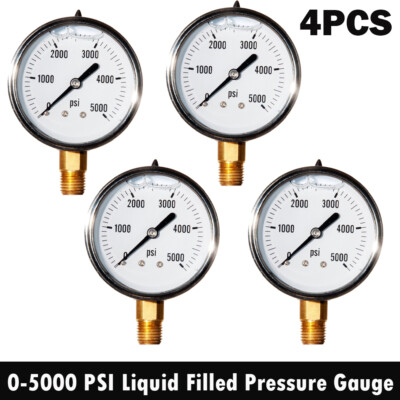 4PC 0-5000PSI Liquid Filled Pressure Gauge 2.5  Stainless Steel Face 1/4'' LM NPT