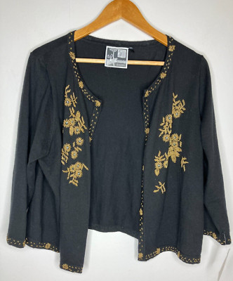Clements Ribeiro Swan Evans Black Gold Beaded Open Cardigan 3/4 Sleeve Medium