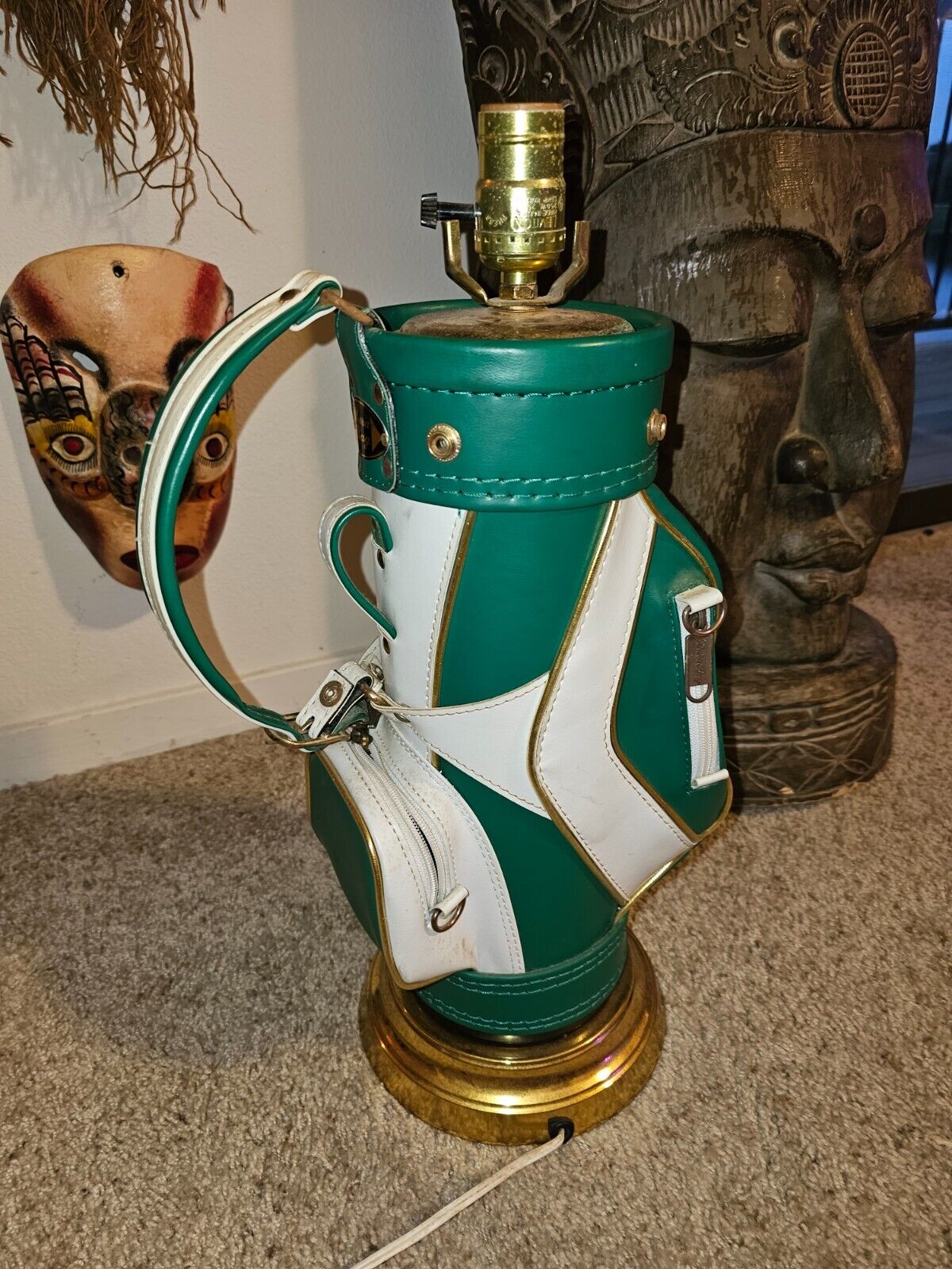 Vintage Leather Golf Bag Miniature Light Lamp Green White Dura Bag 19.5"