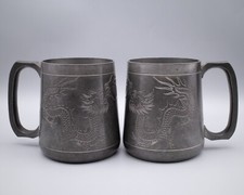 Chinese Vintage Pewter Mugs Tankards With Dragons by Weng Lee Co Swatow