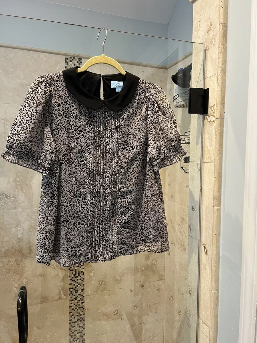 CeCe Peter Pan Collar Blouse S small Gray Tan Puff Ruffle Sleeve