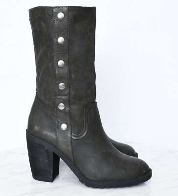 Me Too Rocker Charcoal Gray Leather Button Side Zip Mid Calf Boots Womens Sz 7.5