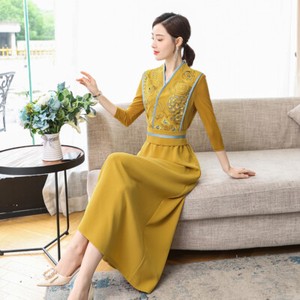 Le donne elegante abito lungo con cintura ricamo cinese floreale Abito  Stile Ufficio | eBay