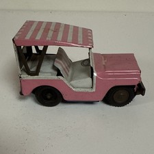 Vintage Tin Toy Jeep Vehicle Pink White Striped Roof Blue