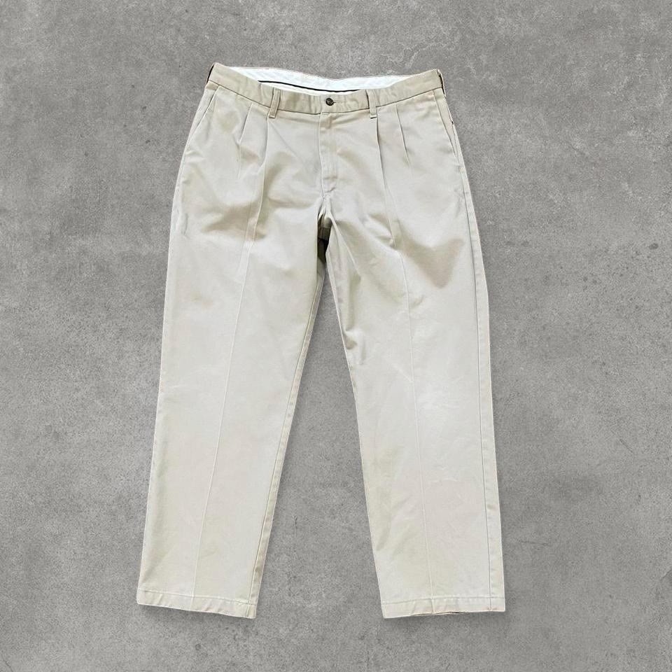 Pleated Cuffed beige/khaki relaxed fit trouser pants mens size 38x30