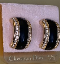 Christian Dior Vintage 14k Gold Post Earrings Black Enamel/Rhinestone NOS