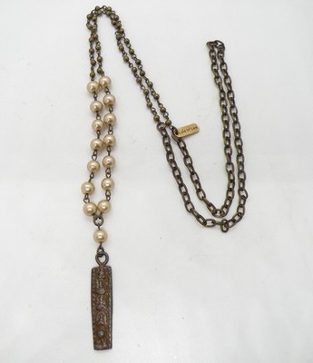 Lula N Lee Signed Lariat Faux Pearl Long Gold Tone Jewelry Pendant Necklace