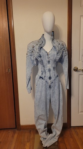 Vintage 80's IIF Studded Acid Washed Denim Jumpsuit Sz 12