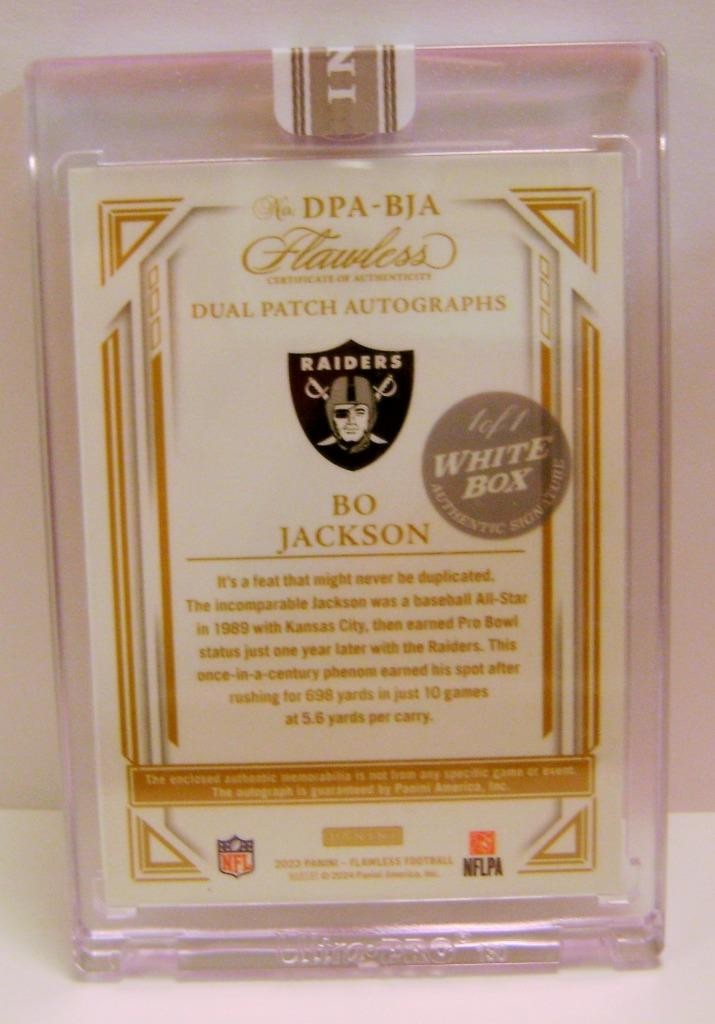 BO JACKSON 1/1 DUAL PATCH AUTO WHITE BOX PANINI FLAWLESS FOOTBALL 2023 view 3