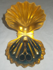 FINE ANTIQUE VICTORIAN c1880 GOLD GILT ETUI NECESSAIRE CLAM SHELL SEWING BOX
