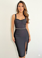 Bella Barnett Black Bustier Midi Dress Size M Bodycon Slit Corset Gala NEW