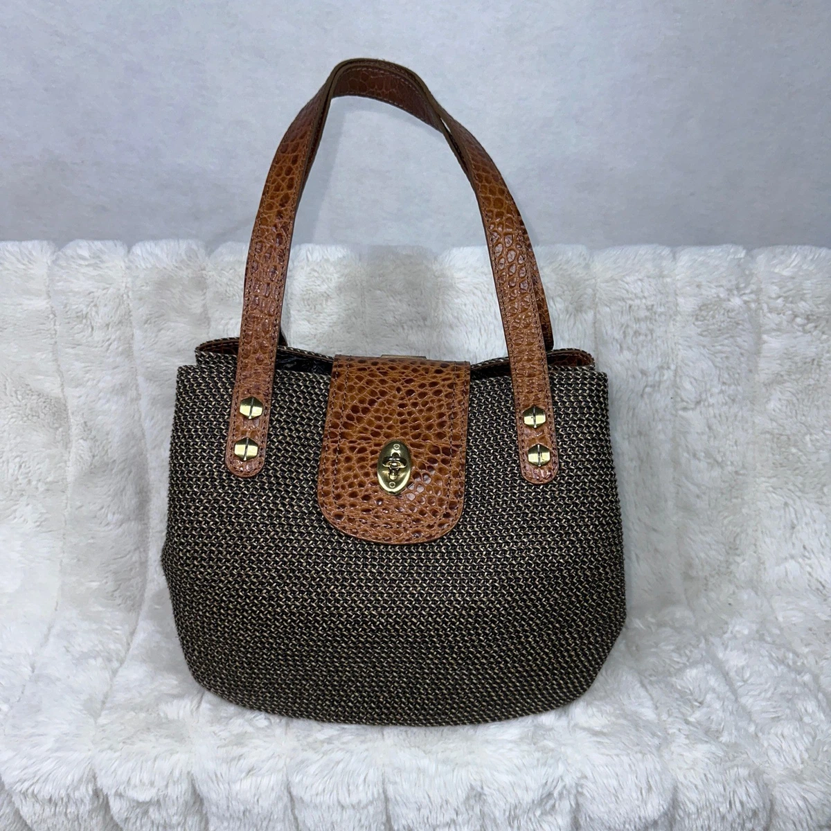 Eric Javits Woven Tote Bag Brown Tan Crocodile Trim Top Handle | eBay