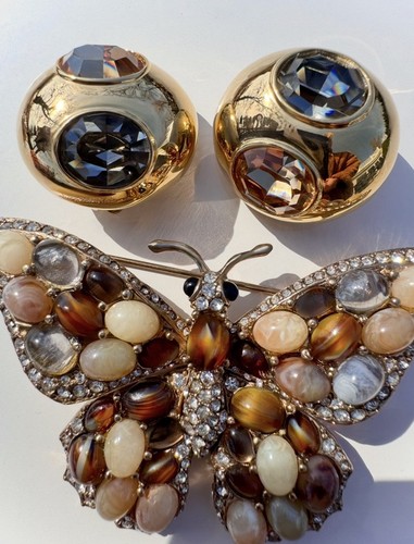Vintage CINER Earrings, Champagne & Gray Oval Faceted Stones, Signed, Excellent!