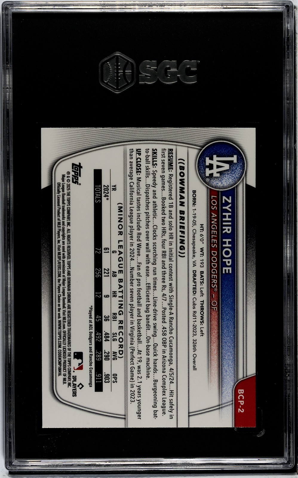 2025 Bowman Chrome Zyhir Hope Purple Raywave Refractor /250 SGC 9 #BCP‑2 Dodgers view 2