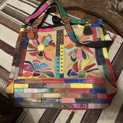 $178 Amerileather Rosalie Leather Tote Bag Patchwork Flower Studded